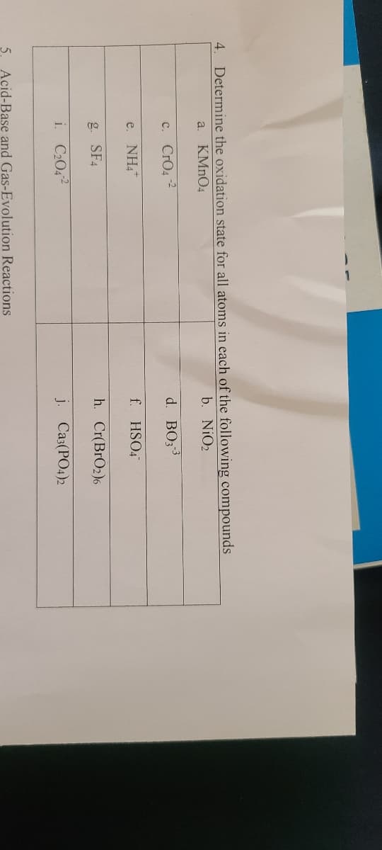 4. Determine the oxidation state for all atoms in each of the following compounds
KMNO4
b. NiO2
a
-2
c. CrO4
d. BO33
e. NH4
f. HSO4
g. SF4
h. Cr(BrO2)6
i. C2042
j. Ca3(PO4)2
5. Acid-Base and Gas-Evolution Reactions
