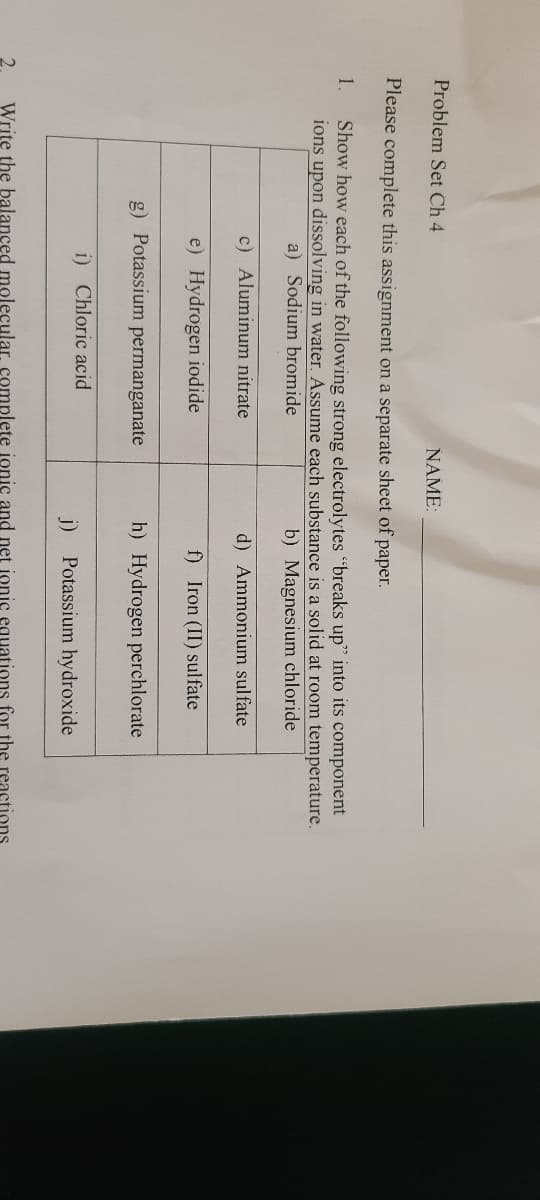 Problem Set Ch 4
NAME:
Please complete this assignment on a separate sheet of paper.
Show how each of the following strong electrolytes "breaks up" into its component
ions upon dissolving in water. Assume each substance is a solid at room temperature.
1.
a) Sodium bromide
b) Magnesium chloride
c) Aluminum nitrate
d) Ammonium sulfate
e) Hydrogen iodide
f) Iron (II) sulfate
g) Potassium permanganate
h) Hydrogen perchlorate
i) Chloric acid
j) Potassium hydroxide
Write the balanced molecular, complete ionic and net ionic equations for the
