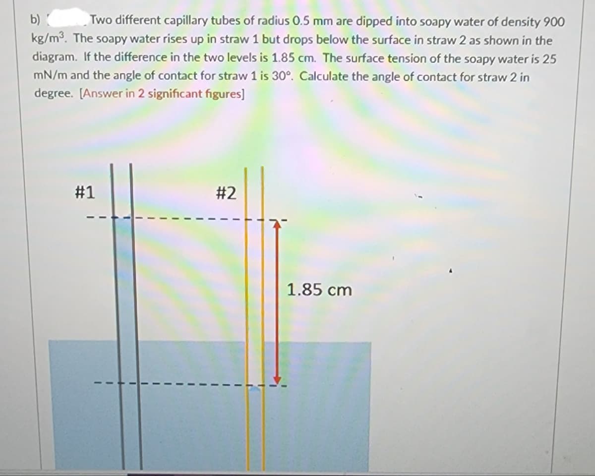 b)
Two different capillary tubes of radius 0.5 mm are dipped into soapy water of density 900
kg/m³. The soapy water rises up in straw 1 but drops below the surface in straw 2 as shown in the
diagram. If the difference in the two levels is 1.85 cm. The surface tension of the soapy water is 25
mN/m and the angle of contact for straw 1 is 30°. Calculate the angle of contact for straw 2 in
degree. [Answer in 2 significant figures]
#1
#2
1.85 cm