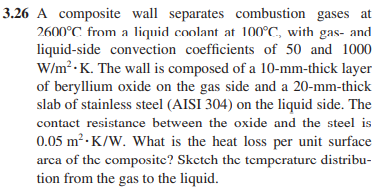 3.26 A composite wall separates combustion gases at
2600°C from a liquid coolant at 100°C, with gas- and
liquid-side convection coefficients of 50 and 1000
W/m².K. The wall is composed of a 10-mm-thick layer
of beryllium oxide on the gas side and a 20-mm-thick
slab of stainless steel (AISI 304) on the liquid side. The
contact resistance between the oxide and the steel is
0.05 m² K/W. What is the heat loss per unit surface
area of the composite? Sketch the temperature distribu-
tion from the gas to the liquid.