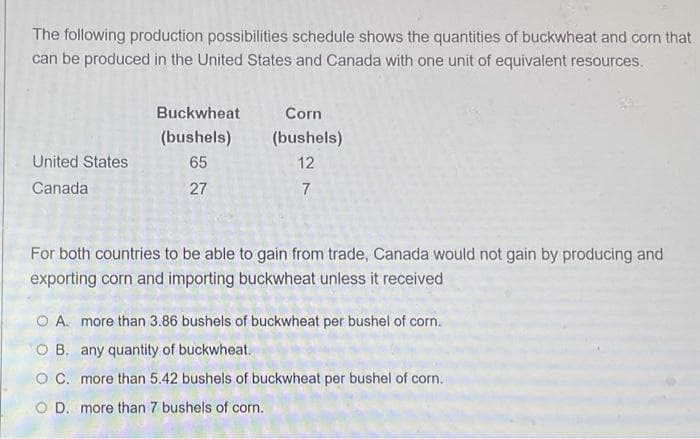 The following production possibilities schedule shows the quantities of buckwheat and corn that
can be produced in the United States and Canada with one unit of equivalent resources.
United States
Canada
Buckwheat
(bushels)
65
27
Corn
(bushels)
12
7
For both countries to be able to gain from trade, Canada would not gain by producing and
exporting corn and importing buckwheat unless it received
more than 3.86 bushels of buckwheat per bushel of corn.
O A.
O B. any quantity of buckwheat.
OC. more than 5.42 bushels of buckwheat per bushel of corn.
OD. more than 7 bushels of corn.