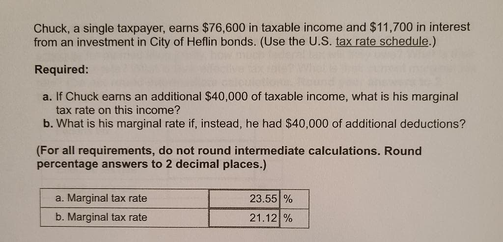 Chuck, a single taxpayer, earns $76,600 in taxable income and $11,700 in interest
from an investment in City of Heflin bonds. (Use the U.S. tax rate schedule.)
Required:
a. If Chuck earns an additional $40,000 of taxable income, what is his marginal
tax rate on this income?
b. What is his marginal rate if, instead, he had $40,000 of additional deductions?
(For all requirements, do not round intermediate calculations. Round
percentage answers to 2 decimal places.)
a. Marginal tax rate
23.55 %
b. Marginal tax rate
21.12 %
