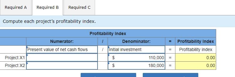 Required A Required B Required C
Compute each project's profitability index.
Project X1
Project X2
Numerator:
Present value of net cash flows
Profitability Index
1
/ Initial investment
$
$
Denominator:
=
=
110,000
180,000 =
=
Profitability Index
Profitability index
0.00
0.00