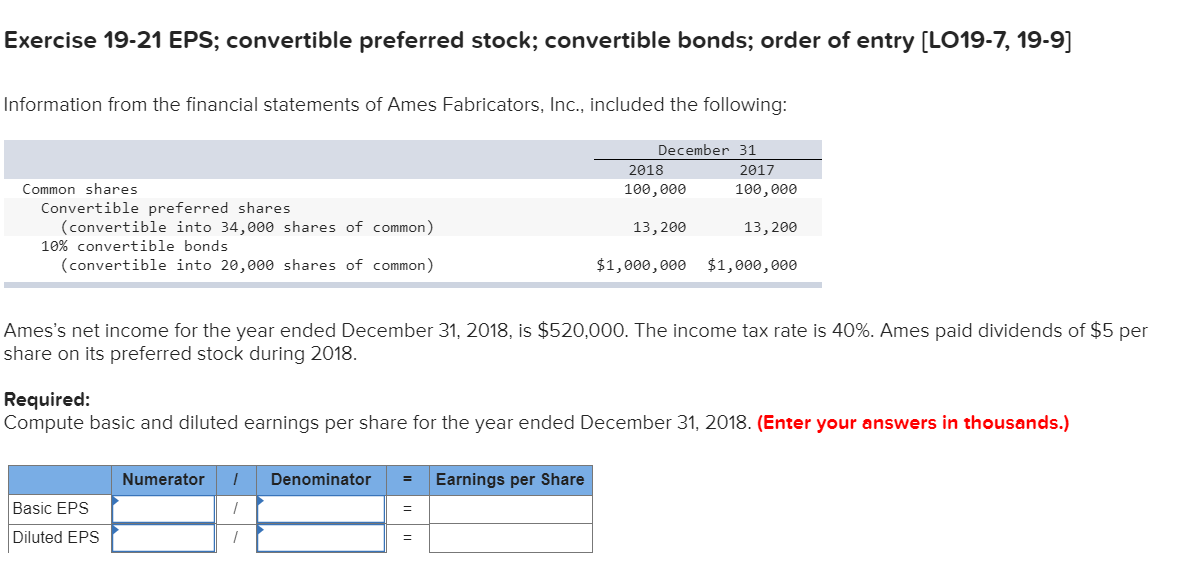 Exercise 19-21 EPS; convertible preferred stock; convertible bonds; order of entry [LO19-7, 19-9]
Information from the financial statements of Ames Fabricators, Inc., included the following:
Common shares
Convertible preferred shares
(convertible into 34,000 shares of common)
10% convertible bonds
(convertible into 20,000 shares of common)
Basic EPS
Diluted EPS
Numerator 1
1
1
Denominator =
Ames's net income for the year ended December 31, 2018, is $520,000. The income tax rate is 40%. Ames paid dividends of $5 per
share on its preferred stock during 2018.
=
December 31
Required:
Compute basic and diluted earnings per share for the year ended December 31, 2018. (Enter your answers in thousands.)
=
2018
100,000
Earnings per Share
13, 200
$1,000,000
2017
100,000
13, 200
$1,000,000