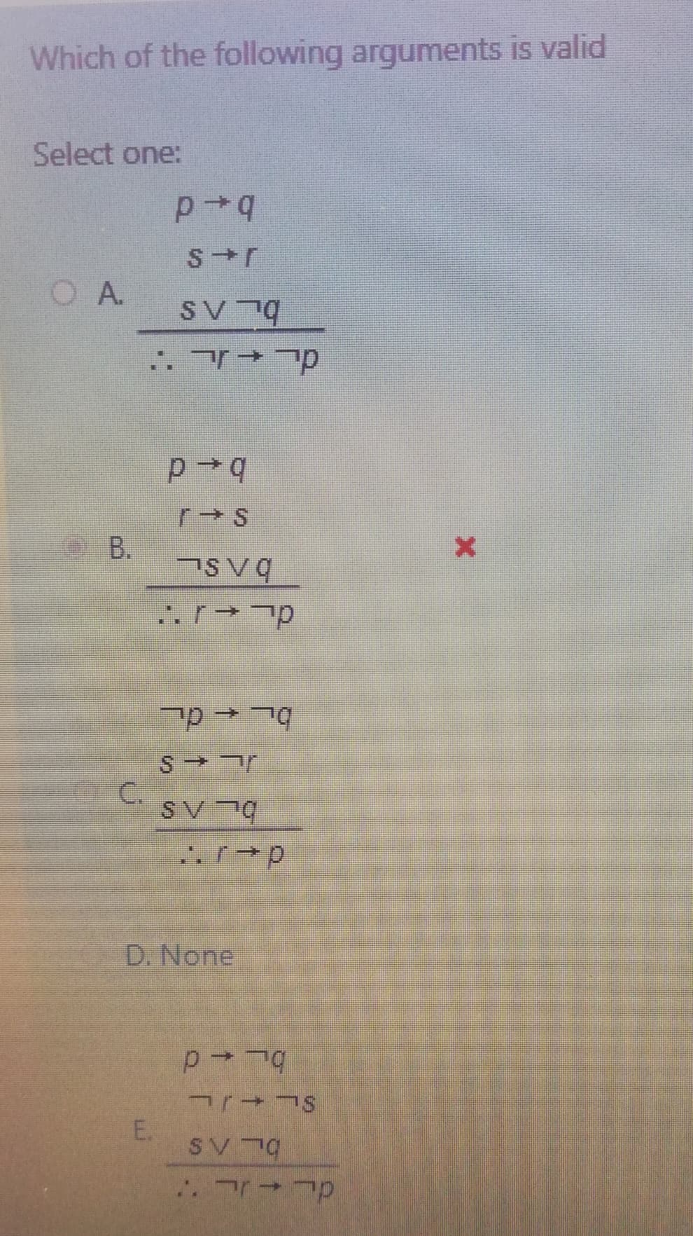 Which of the following arguments is valid
Select one:
OA.
SV 7
OB.
Svq
一
C.
SV
D. None
E.
SV 79
