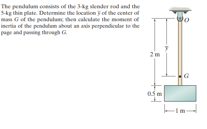 The pendulum consists of the 3-kg slender rod and the
5-kg thin plate. Determine the location ỹ of the center of
mass G of the pendulum; then calculate the moment of
inertia of the pendulum about an axis perpendicular to the
page and passing through G.
y
2 m
G
0.5 m
Eim-
