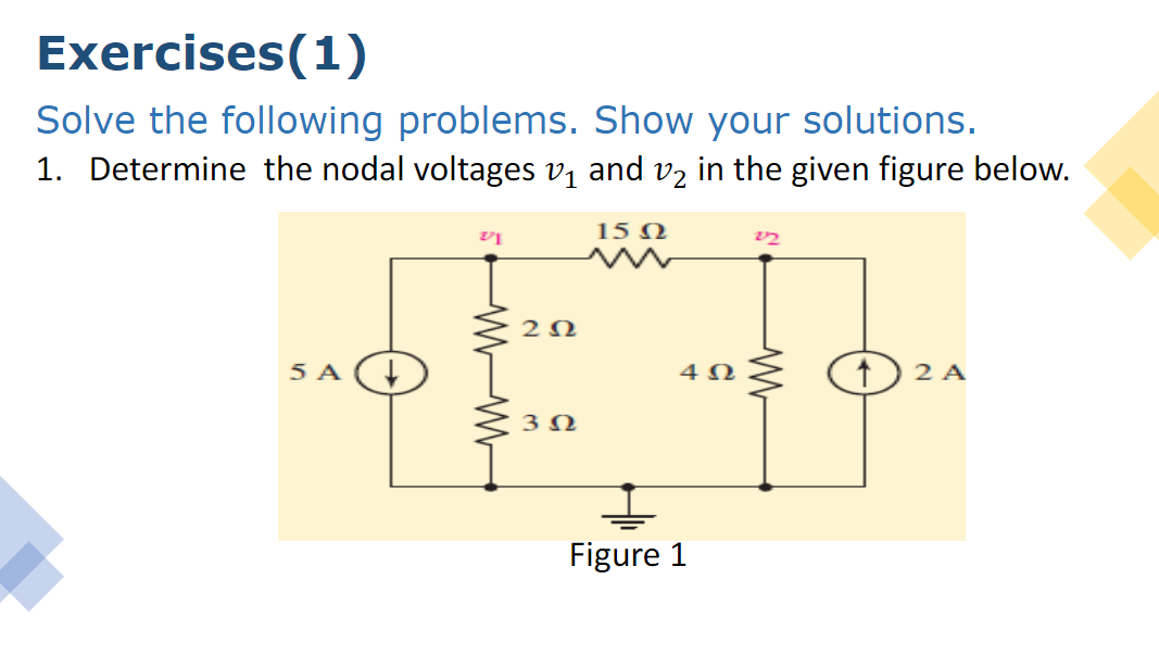 Exercises(1)
Solve the following problems. Show your solutions.
1. Determine the nodal voltages vị and vz in the given figure below.
15 N
20
5 A (4
2 A
Figure 1
