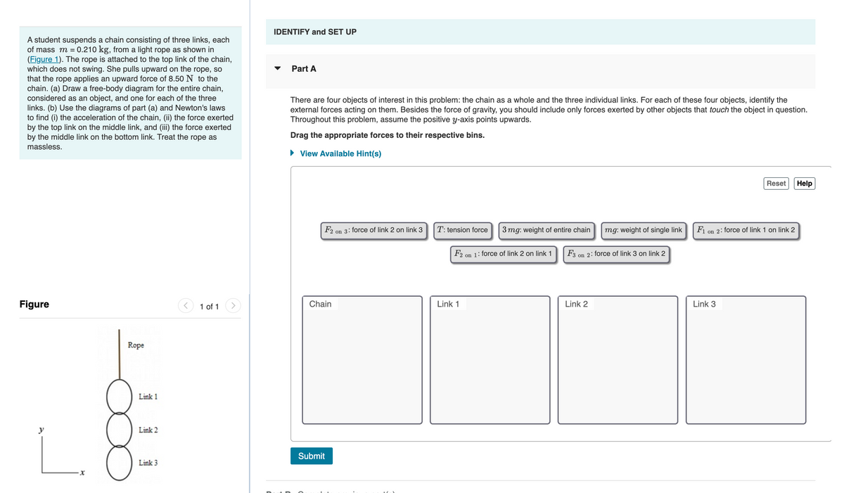 A student suspends a chain consisting of three links, each
of mass m = 0.210 kg, from a light rope as shown in
(Figure 1). The rope is attached to the top link of the chain,
which does not swing. She pulls upward on the rope, so
that the rope applies an upward force of 8.50 N to the
chain. (a) Draw a free-body diagram for the entire chain,
considered as an object, and one for each of the three
links. (b) Use the diagrams of part (a) and Newton's laws
to find (i) the acceleration of the chain, (ii) the force exerted
by the top link on the middle link, and (iii) the force exerted
by the middle link on the bottom link. Treat the rope as
massless.
Figure
·x
Rope
Link 1
Link 2
Link 3
1 of 1
IDENTIFY and SET UP
Part A
There are four objects of interest in this problem: the chain as a whole and the three individual links. For each of these four objects, identify the
external forces acting on them. Besides the force of gravity, you should include only forces exerted by other objects that touch the object in question.
Throughout this problem, assume the positive y-axis points upwards.
Drag the appropriate forces to their respective bins.
View Available Hint(s)
F2 on 3: force of link 2 on link 3
o
Chain
Submit
T: tension force
3 mg: weight of entire chain
F2 on 1: force of link 2 on link 1
Link 1
mg: weight of single link
F3 on 2: force of link 3 on link 2
Link 2
F₁
Reset Help
on 2: force of link 1 on link 2
Link 3