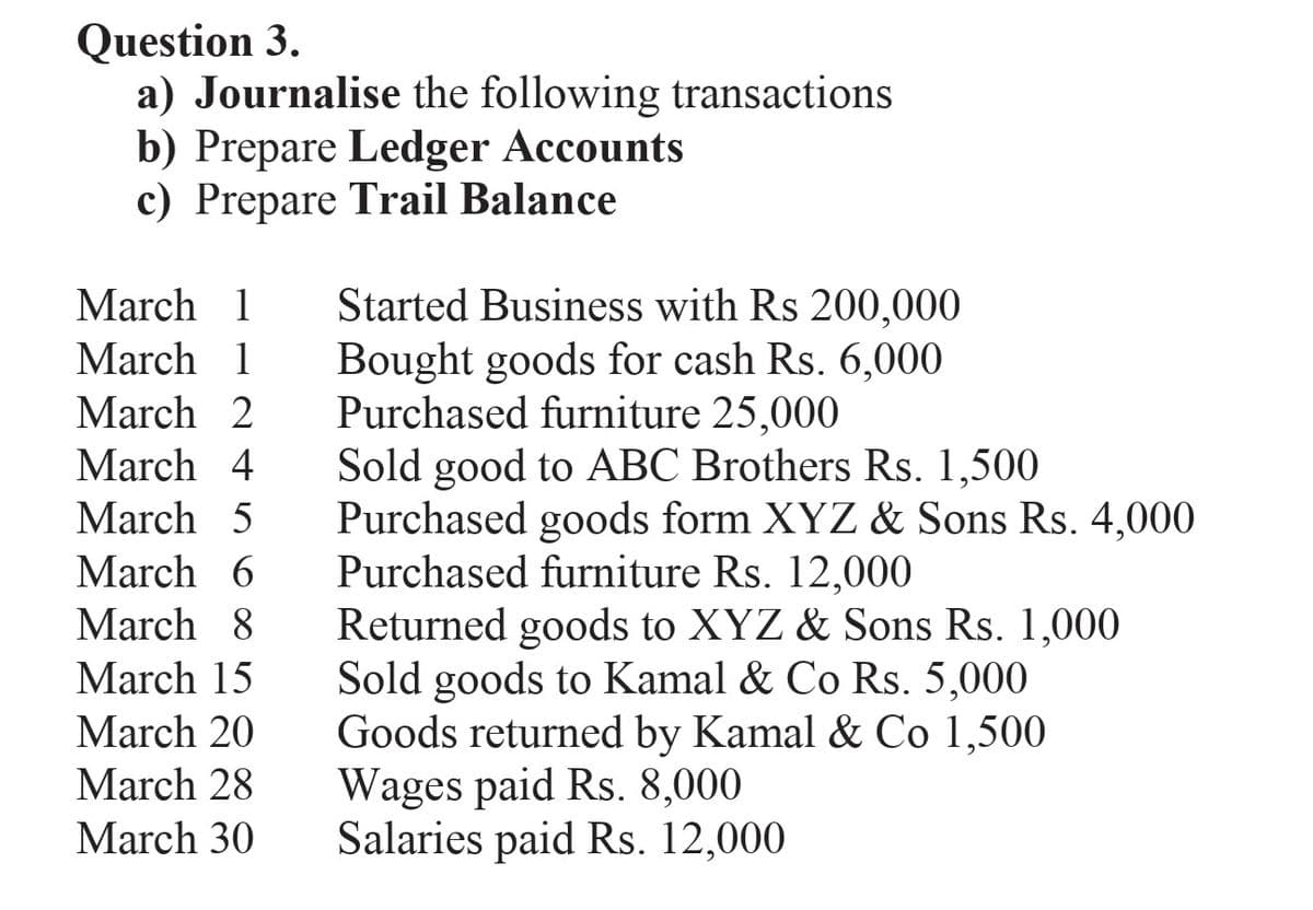 Question 3.
a) Journalise the following transactions
b) Prepare Ledger Accounts
c) Prepare Trail Balance
Started Business with Rs 200,000
Bought goods for cash Rs. 6,000
Purchased furniture 25,000
Sold good to ABC Brothers Rs. 1,500
Purchased goods form XYZ & Sons Rs. 4,000
Purchased furniture Rs. 12,000
Returned goods to XYZ & Sons Rs. 1,000
Sold goods to Kamal & Co Rs. 5,000
Goods returned by Kamal & Co 1,500
Wages paid Rs. 8,000
Salaries paid Rs. 12,000
March 1
March 1
March 2
March 4
March 5
March 6
March 8
March 15
March 20
March 28
March 30
