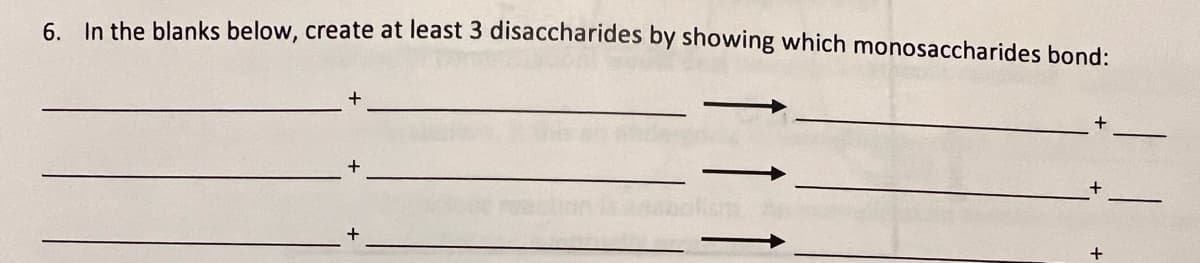 6. In the blanks below, create at least 3 disaccharides by showing which monosaccharides bond: