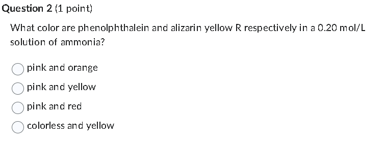 Question 2 (1 point)
What color are phenolphthalein and alizarin yellow R respectively in a 0.20 mol/L
solution of ammonia?
pink and orange
pink and yellow
pink and red
colorless and yellow