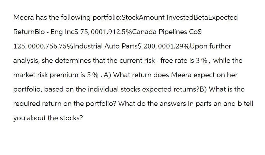 Meera has the following portfolio:StockAmount Invested Beta Expected
Return Bio Eng Inc$ 75,0001.912.5% Canada Pipelines Co$
125,0000.756.75% Industrial Auto Parts$ 200, 0001.29% Upon further
analysis, she determines that the current risk - free rate is 3%, while the
market risk premium is 5% .A) What return does Meera expect on her
portfolio, based on the individual stocks expected returns?B) What is the
required return on the portfolio? What do the answers in parts an and b tell
you about the stocks?