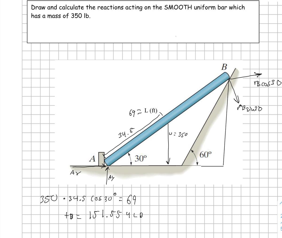 Draw and calculate the reactions acting on the SMOOTH uniform bar which
has a mass of 350 lb.
B
rB cuss o
69=
C L (ft)
34.8
:350
A
30°
60°
AY
3S0 • 34.5 cos 30 = 69
