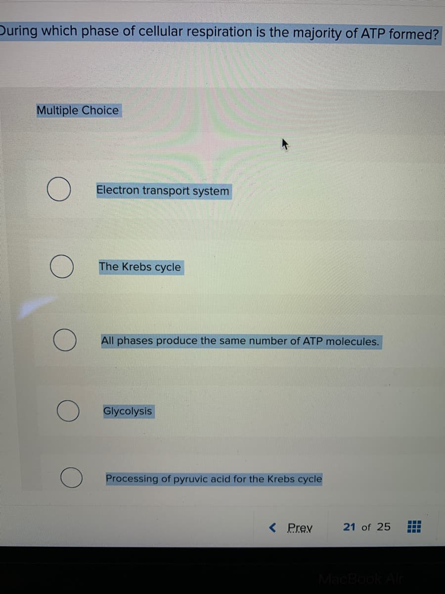 During which phase of cellular respiration is the majority of ATP formed?
Multiple Choice
Electron transport system
The Krebs cycle
All phases produce the same number of ATP molecules.
Glycolysis
Processing of pyruvic acid for the Krebs cycle
( Prev
21 of 25
...
MacBook Air
