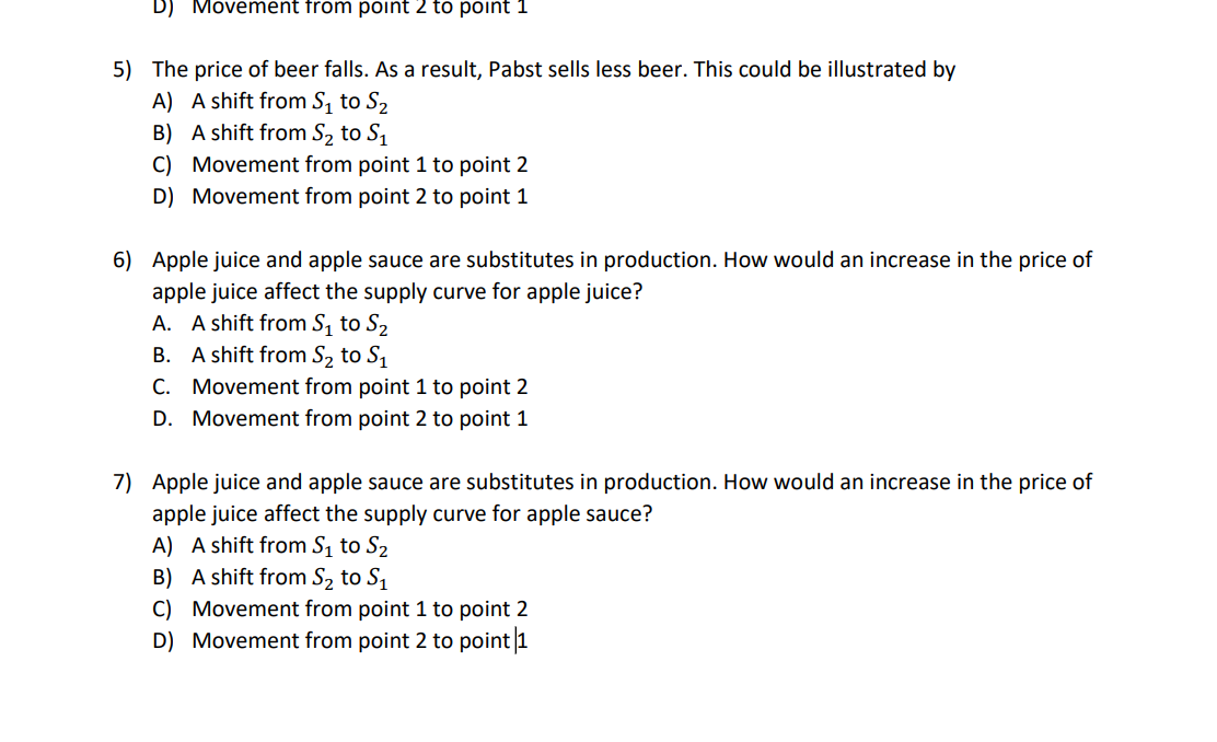 Movement from point 2 to point 1
5) The price of beer falls. As a result, Pabst sells less beer. This could be illustrated by
A) A shift from S₁ to S₂
B) A shift from S₂ to S₁
C) Movement from point 1 to point 2
D) Movement from point 2 to point 1
6) Apple juice and apple sauce are substitutes in production. How would an increase in the price of
apple juice affect the supply curve for apple juice?
A. A shift from S₁ to S₂
B. A shift from S₂ to S₁
C. Movement from point 1 to point 2
D. Movement from point 2 to point 1
7) Apple juice and apple sauce are substitutes in production. How would an increase in the price of
apple juice affect the supply curve for apple sauce?
A) A shift from S₁ to S₂
B) A shift from S₂ to S₁
C) Movement from point 1 to point 2
D)
Movement from point 2 to point |1