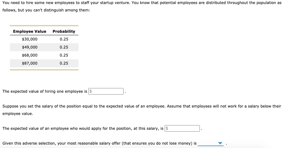 You need to hire some new employees to staff your startup venture. You know that potential employees are distributed throughout the population as
follows, but you can't distinguish among them:
Employee Value
$30,000
$49,000
$68,000
$87,000
Probability
0.25
0.25
0.25
0.25
The expected value of hiring one employee is $
Suppose you set the salary of the position equal to the expected value of an employee. Assume that employees will not work for a salary below their
employee value.
The expected value of an employee who would apply for the position, at this salary, is $
Given this adverse selection, your most reasonable salary offer (that ensures you do not lose money) is