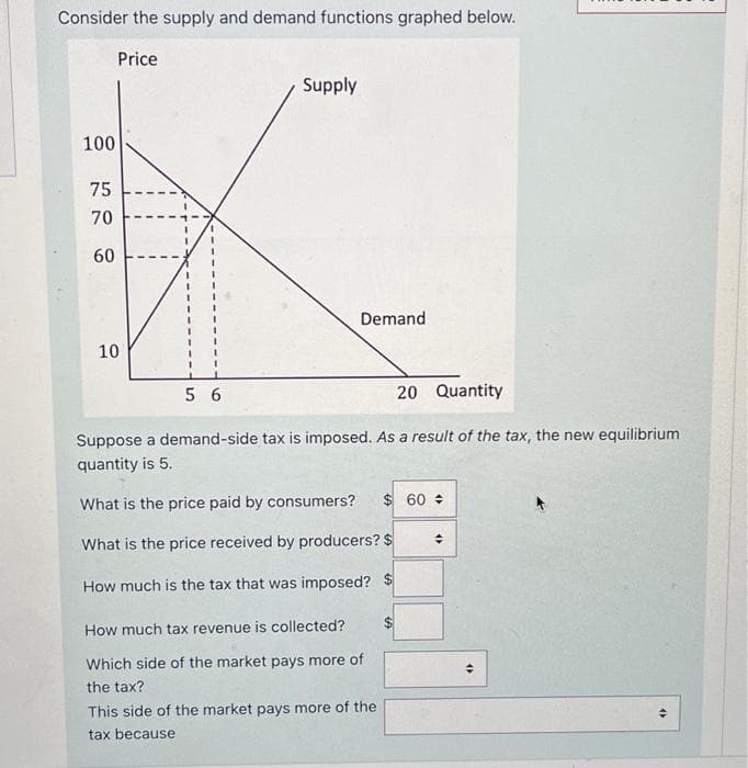 Consider the supply and demand functions graphed below.
Price
100
75
70
60
10
56
Supply
Demand
20 Quantity
Suppose a demand-side tax is imposed. As a result of the tax, the new equilibrium
quantity is 5.
What is the price paid by consumers? $60
What is the price received by producers? $
How much is the tax that was imposed?
How much tax revenue is collected?
Which side of the market pays more of
the tax?
This side of the market pays more of the
tax because
SA
A
4
4)
(