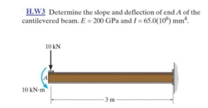 H.W3 Determine the slope and deflection of end A of the
cantilevered beam. E = 200 GPa and I = 65.0(10%) mm².
10 kN
-3 m
10 kN-m