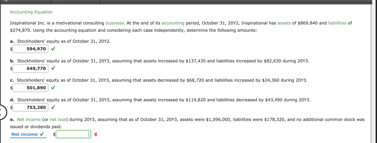 Accounting Equation
Inspirational Inc. is a motivational consulting business. At the end of its accounting period, October 31, 20Y2, Inspirational has assets of $869,840 and liabilities of
$274,870. Using the accounting equation and considering each case independently, determine the following amounts:
a. Stockholders' equity as of October 31, 20Y2.
$
594,970
b. Stockholders' equity as of October 31, 20Y3, assuming that assets increased by $137,430 and liabilities increased by $82,630 during 20Y3.
$
649,770
c. Stockholders' equity as of October 31, 20Y3, assuming that assets decreased by $68,720 and liabilities increased by $24,360 during 20Y3.
501,890
d. Stockholders' equity as of October 31, 20Y3, assuming that assets increased by $114,820 and liabilities decreased by $43,490 during 20Y3.
2$
753,280
e. Net income (or net loss) during 20Y3, assuming that as of October 31, 20Y3, assets were $1,096,000, liabilities were $178,320, and no additional common stock was
issued or dividends paid.
Net income
