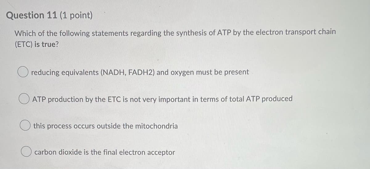 Question 11 (1 point)
Which of the following statements regarding the synthesis of ATP by the electron transport chain
(ETC) is true?
O reducing equivalents (NADH, FADH2) and oxygen must be present
O ATP production by the ETC is not very important in terms of total ATP produced
this process occurs outside the mitochondria
carbon dioxide is the final electron acceptor
