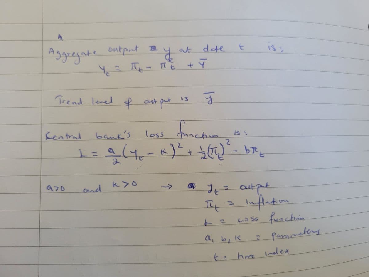 A
| Aggregate
output 22
Central
470
Trend level of out put
y
Y₂ - TE
= πt = πE + Y
at date
प्रु
function
is "
bank's
loss
1 = a_ (y₁₂ - K ) ² + 1 (T) ² - br
2
and k>o
IS
t
G
is;
y = output
JE
The = Inflation
Loss function
2 Parameters
a, b, K 2
t = time Index