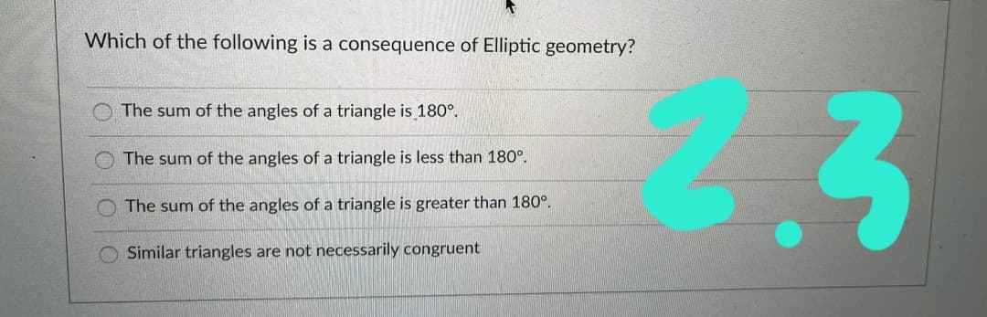 Which of the following is a consequence of Elliptic geometry?
The sum of the angles of a triangle is 180°.
The sum of the angles of a triangle is less than 180°.
The sum of the angles of a triangle is greater than 180°.
Similar triangles are not necessarily congruent
