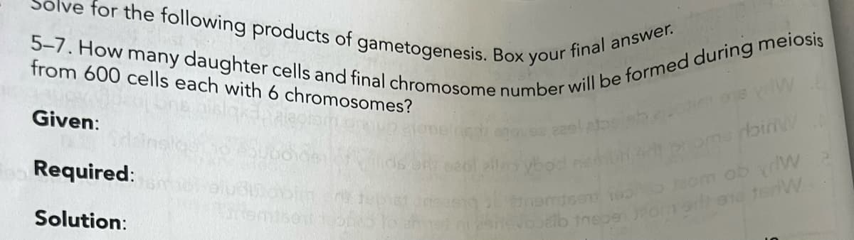 Solve for the following products of gametogenesis. Box your final answer.
5-7. How many daughter cells and final chromosome number will be formed during meiosis
from 600 cells each with 6 chromosomes?
Given:
Required:
Solution:
SOT 160
Selb trepen
rbinW
om ob vrlW 2
ene tenW