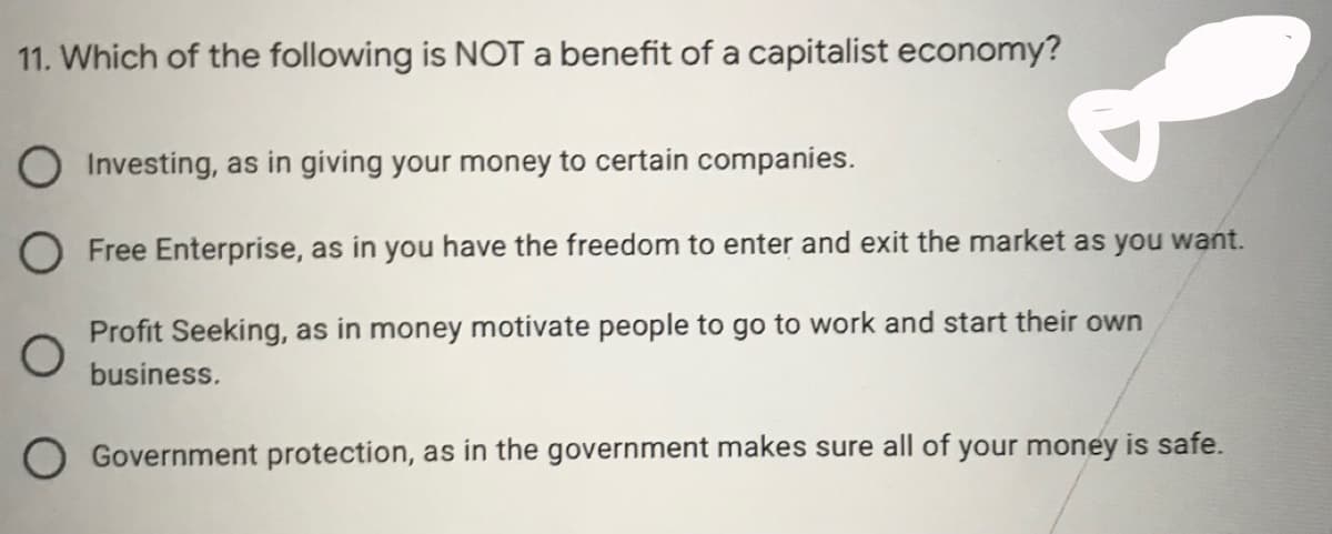 11. Which of the following is NOT a benefit of a capitalist economy?
O Investing, as in giving your money to certain companies.
O Free Enterprise, as in you have the freedom to enter and exit the market as you want.
Profit Seeking, as in money motivate people to go to work and start their own
business.
O Government protection, as in the government makes sure all of your money is safe.
