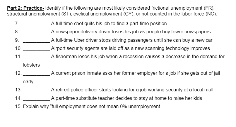 Part 2: Practice- Identify if the following are most likely considered frictional unemployment (FR),
structural unemployment (ST), cyclical unemployment (CY), or not counted in the labor force (NC).
7.
A full-time chef quits his job to find a part-time position
8.
A newspaper delivery driver loses his job as people buy fewer newspapers
9.
A full-time Uber driver stops driving passengers until she can buy a new car
10.
Airport security agents are laid off as a new scanning technology improves
11.
A fisheman loses his job when a recession causes a decrease in the demand for
lobsters
12.
A current prison inmate asks her former employer for a job if she gets out of jail
early
13.
A retired police officer starts looking for a job working security at a local mall
14.
A part-time substitute teacher decides to stay at home to raise her kids
15. Explain why "full employment does not mean 0% unemployment.
