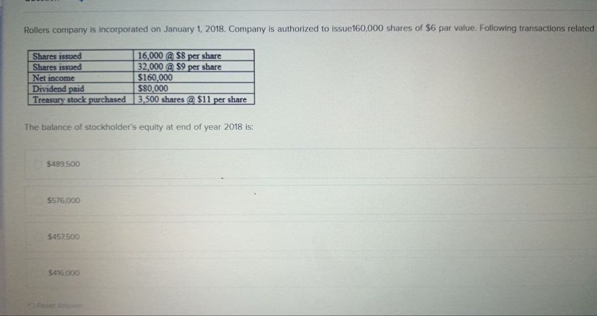 Rollers company is incorporated on January 1, 2018. Company is authorized to issue160,000 shares of $6 par value. Following transactions related
Shares issued
Shares issued
Net income
Dividend paid
Treasury stock purchased
16,000 @$8 per share
32,000 @ $9 per share
$160,000
$80,000
3,500 shares @ $11 per share
The balance of stockholder's equity at end of year 2018 is:
$489,500
$576,000
$457.500
$416,000
Reset Answer