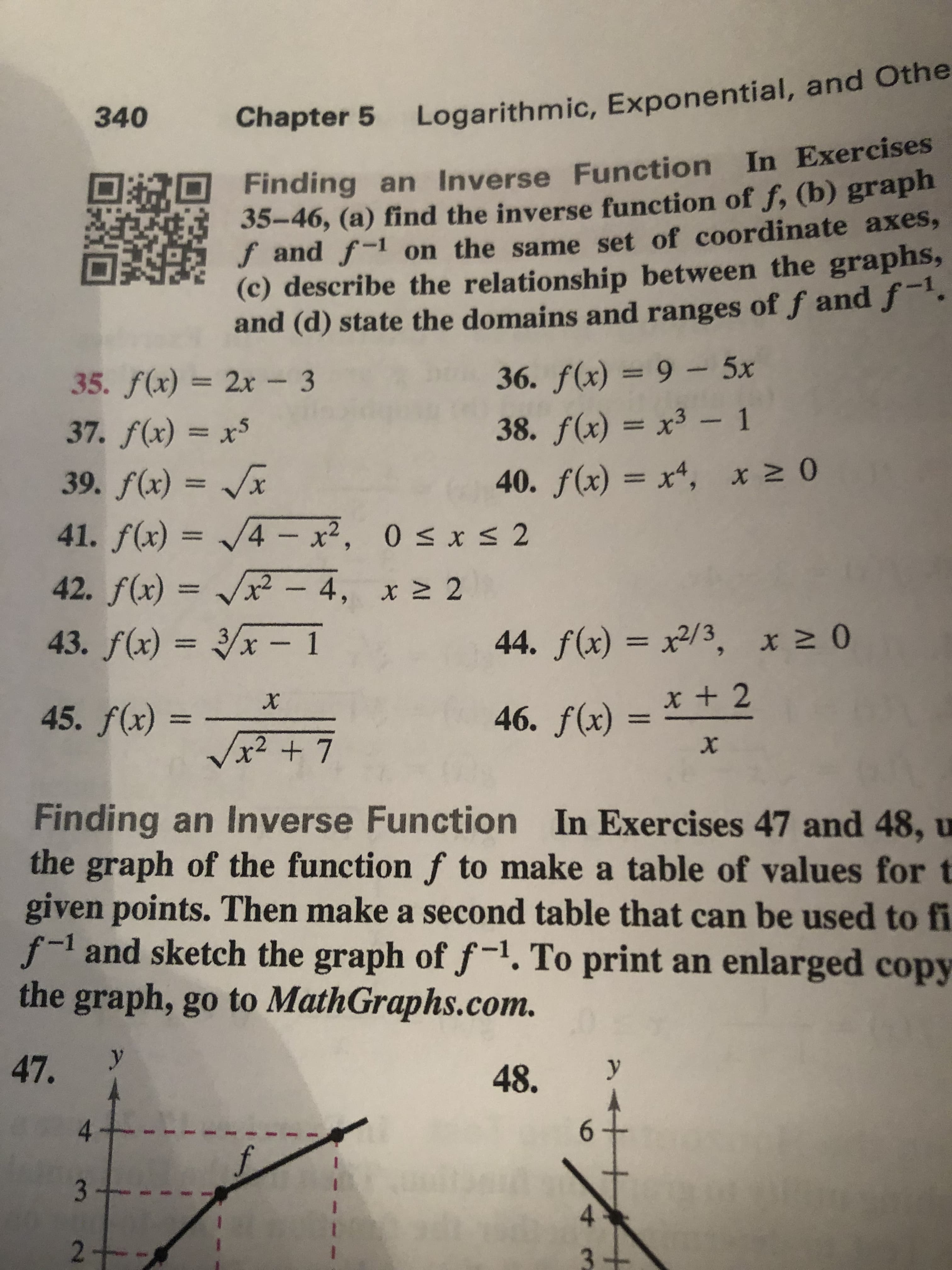 Chapter 5 Logarithmic, Exponential, and Othe
340
Finding an Inverse Function In Exercises
35-46, (a) find the inverse function of f, (b) graph
f and f-1 on the same set of coordinate axes,
(c) describe the relationship between the graphs,
-1
and (d) state the domains and ranges of f and f¯.
35. f(x) = 2x 3
36. f(x) = 9 - 5x
%3D
%3D
38. f(x) = x³ – 1
x 2 0
37. f(x) = x5
%3D
39. f(x) = /x
41. f(x) = /4 – x², 0 s x s 2
40. f(x) = x4,
%3D
42. f(x) = x - 4, x 2 2
43. f(x) = x – 1
44. f(x) = x²/3, x2 0
46. f(x) = * + 2
х
х
45. f(x)
x² +7
Finding an Inverse Function In Exercises 47 and 48, u
the graph of the functionf to make a table of values for t
given points. Then make a second table that can be used to fi
f-1 and sketch the graph of f-. To print an enlarged copy
the graph, go to MathGraphs.com.
47.
48.
4.
6.
4.
3.
+
3.
