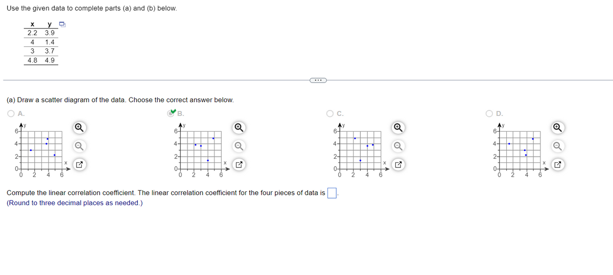 Use the given data to complete parts (a) and (b) below.
yo
(a) Draw a scatter diagram of the data. Choose the correct answer below.
A.
B.
Ay
6-
4-
2+
0-
X
2.2
3.9
4
1.4
3
3.7
4.8 4.9
0
2 4 6
Q
Ay
6-
4-
2-
0-
0 2
4
6
Compute the linear correlation coefficient. The linear correlation coefficient for the four pieces of data is
(Round to three decimal places as needed.)
C.
Ay
6-
4-
2-
0-
2
4
6
D.
Ау
6+
4.
2-
0-
0
2
4