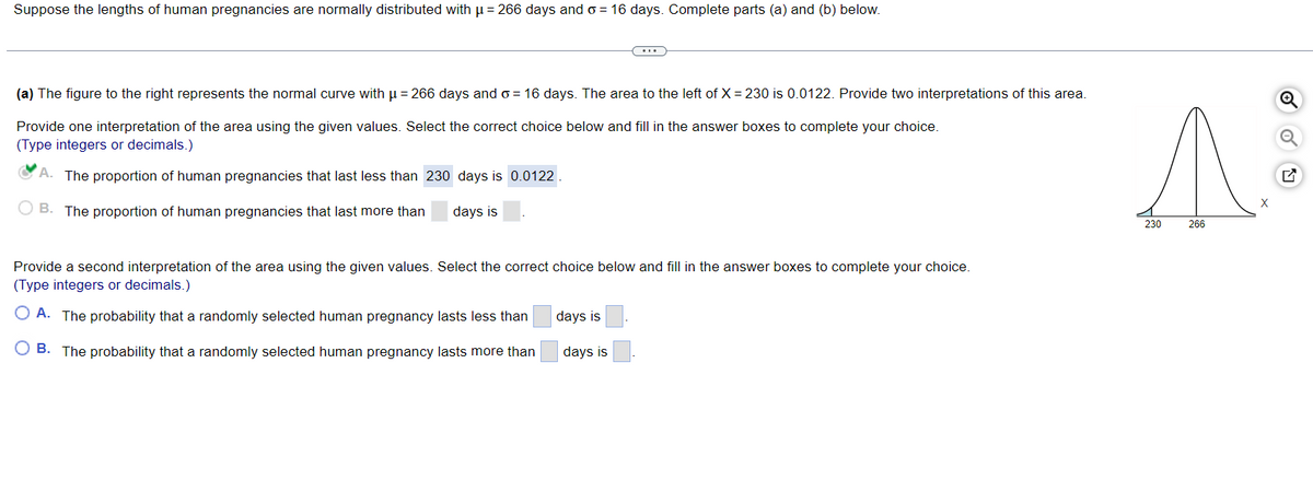 Suppose the lengths of human pregnancies are normally distributed with μ = 266 days and o= 16 days. Complete parts (a) and (b) below.
(a) The figure to the right represents the normal curve with μ = 266 days and o= 16 days. The area to the left of X = 230 is 0.0122. Provide two interpretations of this area.
Provide one interpretation of the area using the given values. Select the correct choice below and fill in the answer boxes to complete your choice.
(Type integers or decimals.)
A.
The proportion of human pregnancies that last less than 230 days is 0.0122.
OB. The proportion of human pregnancies that last more than
days is
Provide a second interpretation of the area using the given values. Select the correct choice below and fill in the answer boxes to complete your choice.
(Type integers or decimals.)
O A. The probability that a randomly selected human pregnancy lasts less than
OB. The probability that a randomly selected human pregnancy lasts more than
days is
days is
^.
X
230
266