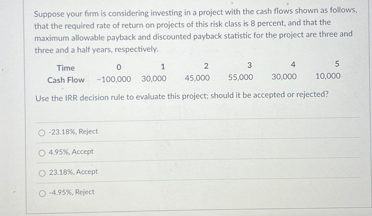 Suppose your firm is considering investing in a project with the cash flows shown as follows,
that the required rate of return on projects of this risk class is 8 percent, and that the
maximum allowable payback and discounted payback statistic for the project are three and
three and a half years, respectively.
Time
Cash Flow
0
1
2
3
4
5
-100,000
30,000
45,000
55,000
30,000
10,000
Use the IRR decision rule to evaluate this project; should it be accepted or rejected?
-23.18%, Reject
4.95%, Accept
23.18%, Accept
-4.95%, Reject