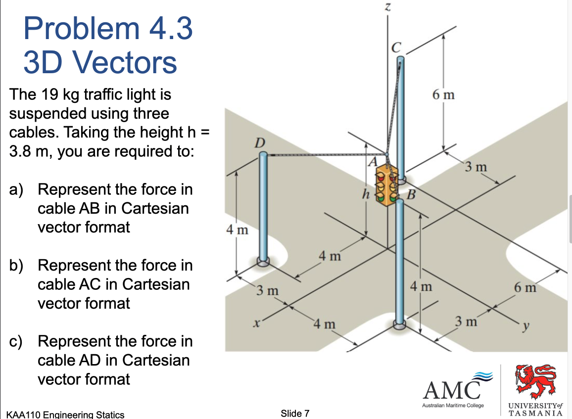 Problem 4.3
3D Vectors
The 19 kg traffic light is
suspended using three
cables. Taking the height h
3.8 m, you are required to:
a) Represent the force in
cable AB in Cartesian
vector format
b) Represent the force in
cable AC in Cartesian
vector format
c) Represent the force in
cable AD in Cartesian
vector format
KAA110 Engineering Statics
4 m
3 m
X
Slide 7
4 m
4 m
ーん
Z
C
6 m
4 m
3 m
3 m
AMC
Australian Maritime College
6 m
UNIVERSITY of
TASMANIA