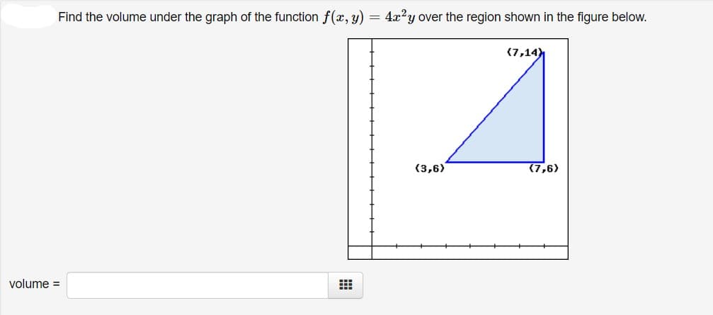 Find the volume under the graph of the function f(x, y) = 4x2y over the region shown in the figure below.
(7,14)
(3,6)
(7,6)
volume =
