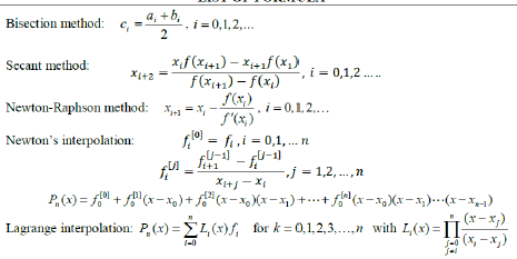 Bisection method: e,
a, +b,
-,i = 0,1,2,..
x,f (x++1) – X+1f (x1)
f(x+1) - f(x)
f(x;)
f'(x,)
f.0 = fi,i = 0,1,.. n
-U-1)
Scant method:
X1+2 =
i = 0,1,2 .
Newton-Raphson method: X = x,
i = 0,1,2,...
Newton's interpolation:
FU-1)
- f
-j = 1,2, ..,
Xi+j - X
P,(x) = f0 + (x-to)+ f(x-x(x- x) ++ f"(x-x,)(x-x;).(r-x)
Lagrange interpolation: P,(x) =4,(x)f, for k = 0,1,2,3.n with L,(x) = II
(x, – x,)
-0
J-0
