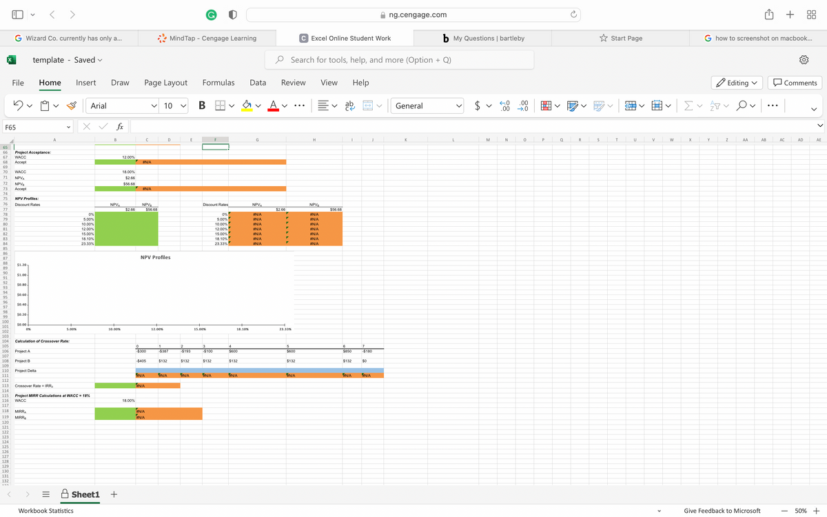 5680RNS
F65
69
67 WACC
71
66 Project Acceptance:
70 WACC
74
75
76
77
78
79
80
81
82
83
84
85
86
87
88
89
90
72 NPVB
91
92
93
94
G Wizard Co. currently has only a...
File
73 Accept
95
96
97
98
99
100
101
102
103
104
105
106
107
108
109
110
111
112
113
5
119
120
121
122
123
124
125
126
127
128
129
Accept
130
131
132
NPVA
$1.20
NPV Profiles:
Discount Rates
$1.00
$0.80
$0.60
$0.40
$0.20
$0.00
0%
<>
template Saved ✓
Home
Project A
Project B
Project Delta
MIRRA
MIRRB
A
Calculation of Crossover Rate:
Crossover Rate = IRRA
114
115 Project MIRR Calculations at WACC = 18%
116 WACC
117
118
5.00%
Insert Draw
Workbook Statistics
Arial
0%
5.00%
10.00%
12.00%
15.00%
18.10%
23.33%
fx
B
NPVA
10.00%
Sheet1 +
12.00%
18.00%
$2.66
$56.68
$2.66
18.00%
Page Layout
#N/A
C
#N/A
NPVB
0
-$300
-$405
#N/A
V 10
#N/A
NPV Profiles
#N/A
#N/A
$56.68
12.00%
MindTap - Cengage Learning
1
-$387
$132
D
#N/A
2
-$193
$132
#N/A
E
Formulas
B
Discount Rates
15.00%
3
-$100
$132
#N/A
0%
5.00%
10.00%
12.00%
15.00%
18.10%
23.33%
18.10%
4
$600
$132
#N/A
Data
G
NPVA
#N/A
#N/A
#N/A
#N/A
#N/A
#N/A
#N/A
V
Review
$2.66
23.33%
Search for tools, help, and more (Option + Q)
5
$600
$132
C Excel Online Student Work
#N/A
H
NPVB
#N/A
#N/A
#N/A
#N/A
#N/A
#N/A
#N/A
View
$56.68
ab
I
6
$850
Help
$132
#N/A
-$180
$0
ng.cengage.com
J
#N/A
General
b My Questions | bartleby
K
V
M
←0
.00
N
.00
→.0
O
P
Q
R
S
Start Page
T
ST
NTT
U
V
W
Σ ✓ P
X
G how to screenshot on macbook...
Y
Editing ✓
Z
AA
Give Feedback to Microsoft
AB
+
Comments
AC
T
AD
AE
50% +