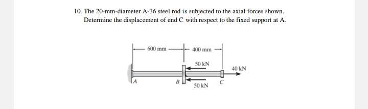 10. The 20-mm-diameter A-36 steel rod is subjected to the axial forces shown.
Determine the displacement of end C with respect to the fixed support at A.
- 600 mm
400 mm
50 kN
40 kN
50 kN
