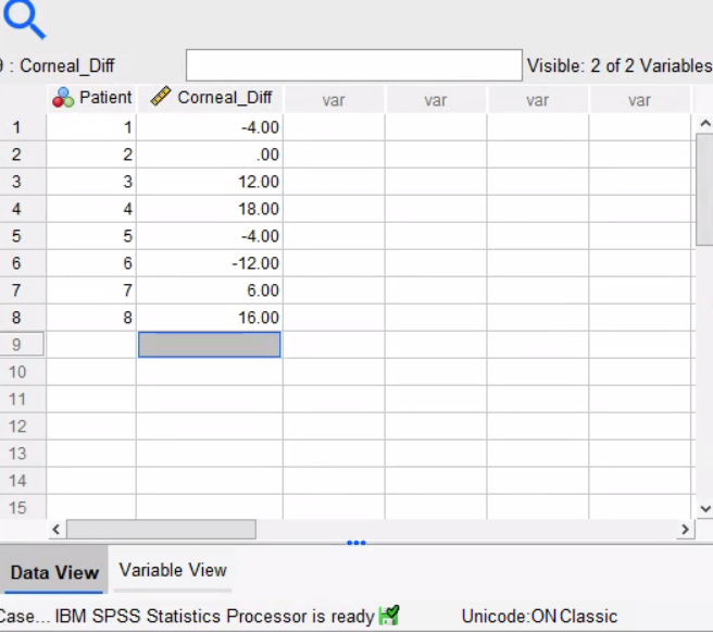 : Corneal_Diff
Visible: 2 of 2 Variables
Patient
Corneal Diff
var
var
var
var
1
1
-4.00
2
.00
3
12.00
4
4
18.00
5
-4.00
6
6
-12.00
7
6.00
8
8
16.00
9
10
11
12
13
14
15
Data View Variable View
Case... IBM SPSS Statistics Processor is ready
Unicode:ON Classic
3.
7.
2.
