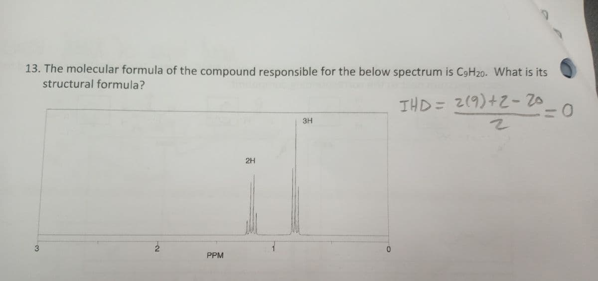 13. The molecular formula of the compound responsible for the below spectrum is C9H20. What is its
structural formula?
3
N
PPM
2H
3H
IHD= 2(9)+2-20
2