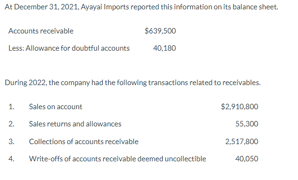 At December 31, 2021, Ayayai Imports reported this information on its balance sheet.
Accounts receivable
Less: Allowance for doubtful accounts
During 2022, the company had the following transactions related to receivables.
1.
2.
3.
4.
$639,500
40,180
Sales on account
Sales returns and allowances
Collections of accounts receivable
Write-offs of accounts receivable deemed uncollectible
$2,910,800
55,300
2,517,800
40,050