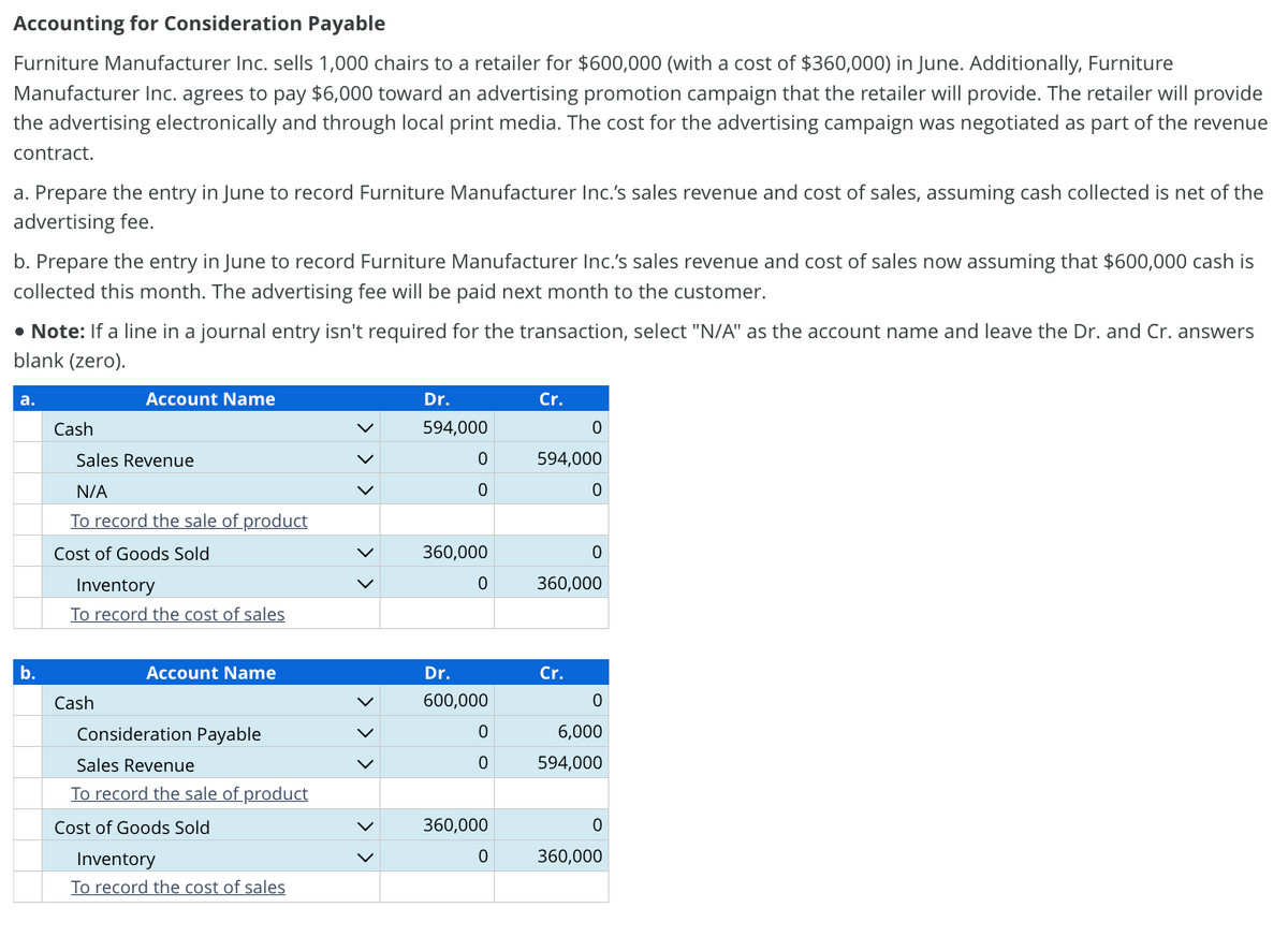 Accounting for Consideration Payable
Furniture Manufacturer Inc. sells 1,000 chairs to a retailer for $600,000 (with a cost of $360,000) in June. Additionally, Furniture
Manufacturer Inc. agrees to pay $6,000 toward an advertising promotion campaign that the retailer will provide. The retailer will provide
the advertising electronically and through local print media. The cost for the advertising campaign was negotiated as part of the revenue
contract.
a. Prepare the entry in June to record Furniture Manufacturer Inc.'s sales revenue and cost of sales, assuming cash collected is net of the
advertising fee.
b. Prepare the entry in June to record Furniture Manufacturer Inc.'s sales revenue and cost of sales now assuming that $600,000 cash is
collected this month. The advertising fee will be paid next month to the customer.
• Note: If a line in a journal entry isn't required for the transaction, select "N/A" as the account name and leave the Dr. and Cr. answers
blank (zero).
a.
b.
Cash
Account Name
Sales Revenue
N/A
To record the sale of product
Cost of Goods Sold
Inventory
To record the cost of sales
Cash
Account Name
Consideration Payable
Sales Revenue
To record the sale of product
Cost of Goods Sold
Inventory
To record the cost of sales
Dr.
594,000
0
0
360,000
360,0
0
Dr.
600,000
0
0
0
Cr.
0
594,000
Cr.
0
0
360,000
0
6,000
594,000
0
360,000