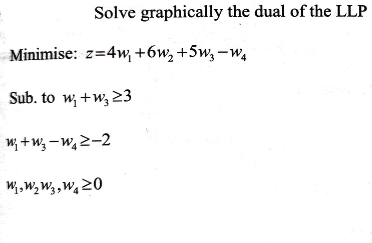 Solve graphically the dual of the LLP
Minimise: z=4w, +6w,+5w, -W4
Sub. to w, +w,23
W; +w; -w,2-2
W,W,W3 ,W,20
