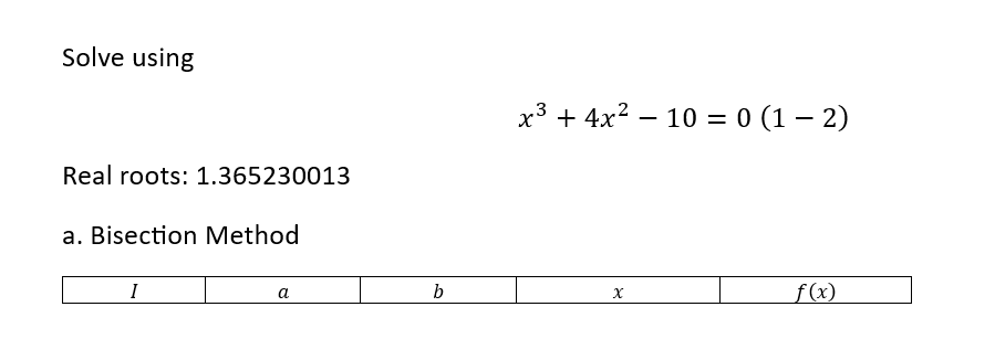 Solve using
Real roots: 1.365230013
a. Bisection Method
I
a
b
x³+4x² - 10 = 0 (12)
X
f(x)