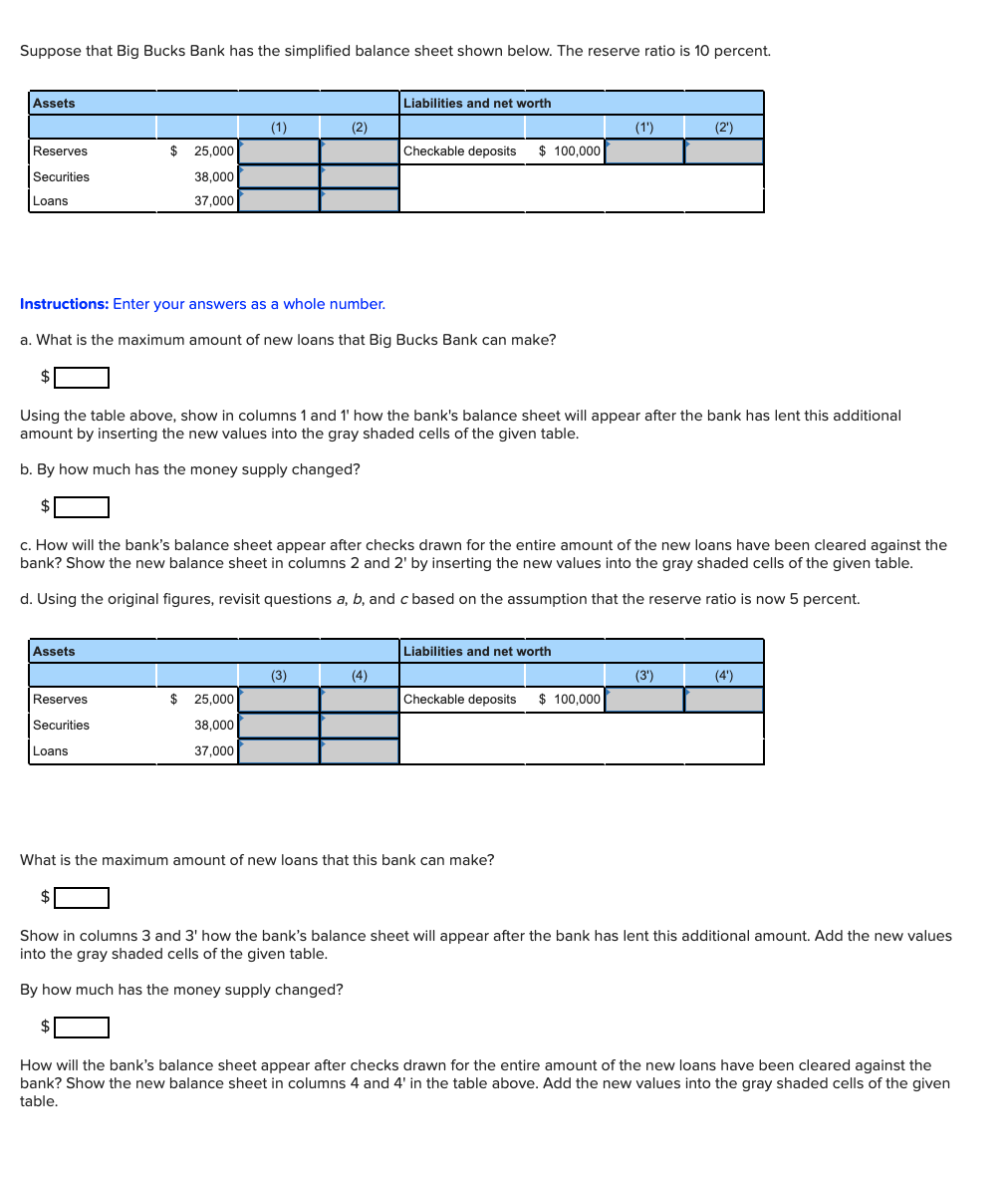 Suppose that Big Bucks Bank has the simplified balance sheet shown below. The reserve ratio is 10 percent.
Assets
Liabilities and net worth
(1)
(2)
(1')
(2')
Reserves
$
25,000
Checkable deposits
$ 100.000
Securities
38,000
Loans
37,000
Instructions: Enter your answers as a whole number.
a. What is the maximum amount of new loans that Big Bucks Bank can make?
Using the table above, show in columns 1 and 1' how the bank's balance sheet will appear after the bank has lent this additional
amount by inserting the new values into the gray shaded cells of the given table.
b. By how much has the money supply changed?
c. How will the bank's balance sheet appear after checks drawn for the entire amount of the new loans have been cleared against the
bank? Show the new balance sheet in columns 2 and 2' by inserting the new values into the gray shaded cells of the given table.
d. Using the original figures, revisit questions a, b, and c based on the assumption that the reserve ratio is now 5 percent.
Assets
Liabilities and net worth
(3)
(4)
(3')
(4')
Reserves
2$
25,000
Checkable deposits
$ 100.000
Securities
38,000
Loans
37,000
What is the maximum amount of new loans that this bank can make?
Show in columns 3 and 3' how the bank's balance sheet will appear after the bank has lent this additional amount. Add the new values
into the gray shaded cells of the given table.
By how much has the money supply changed?
How will the bank's balance sheet appear after checks drawn for the entire amount of the new loans have been cleared against the
bank? Show the new balance sheet in columns 4 and 4' in the table above. Add the new values into the gray shaded cells of the given
table.
