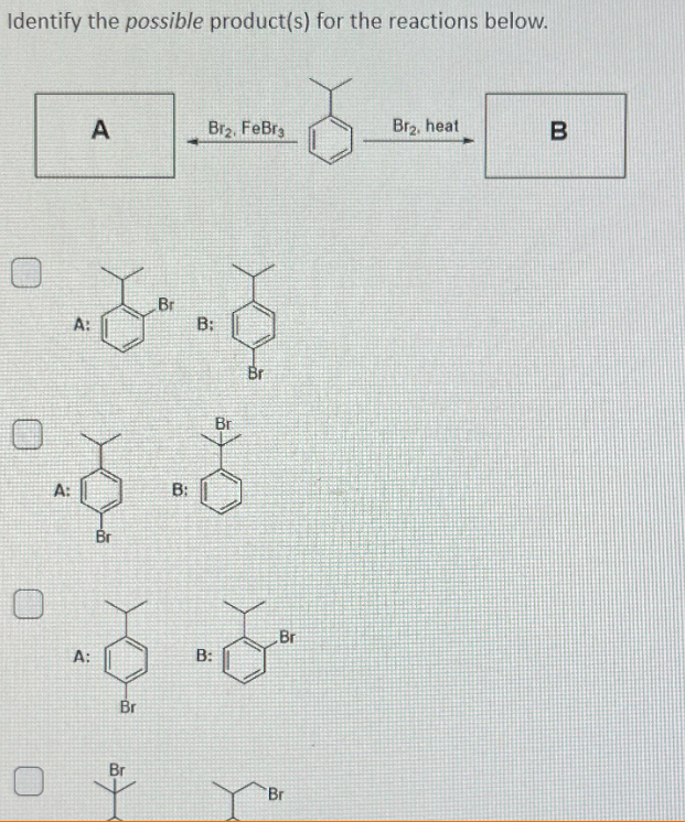 Identify the possible product(s) for the reactions below.
28
A:
A
A:
A:
Br
Br
Br
Br
B:
Br₂. FeBr
B:
B:
Br
Br
J
Br
Br
Br₂, heat
B