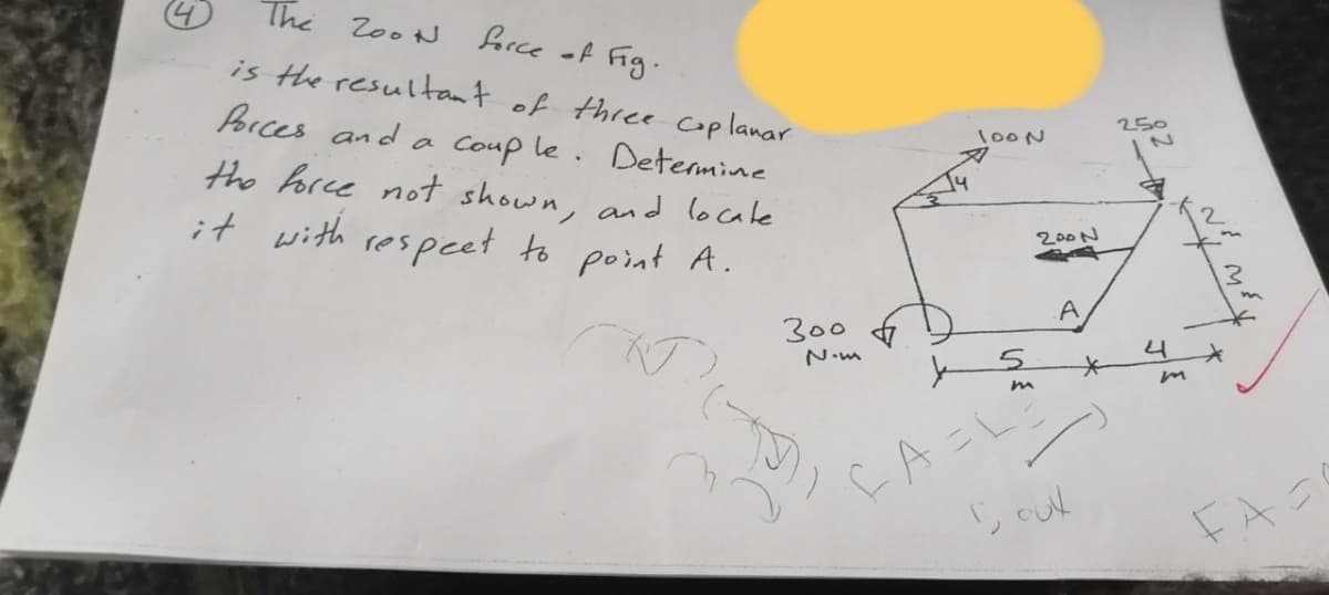 The
Zoo N
farce of Fig.
is the resultant of three coplanar
brces and a Coup le
250
2N
10ON
Determine
the force not shown, and locale
it with respeet to point A.
200N
.A
300
4
N.m
FA
