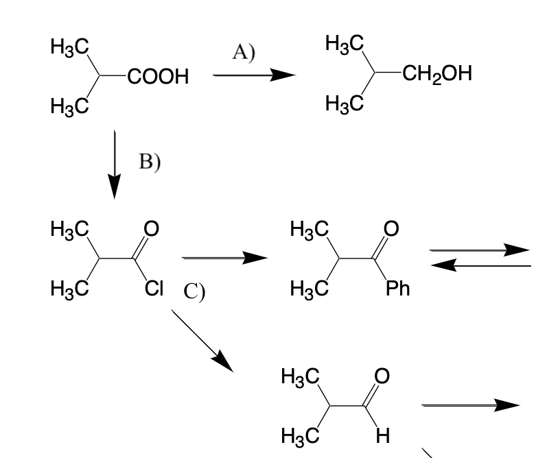 H3C
H3C
H3C
H3C
-COOH
B)
О
CI C)
A)
H3C
H3C
H3C
H3C
H3C
H3C
-CH₂OH
0
Ph
H