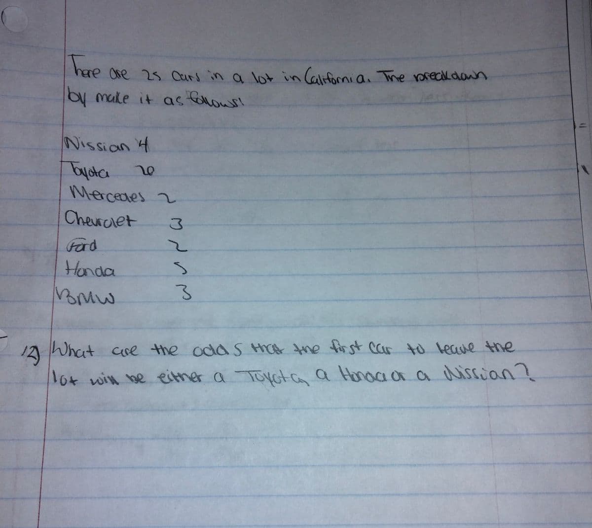 here ore 25 Curs in a lo in Californi a. The roredkdawn
by male it as folows!
Nissian 4
Tysta
Mercedes 2
Chevrclet
Fad
Honda
1A What cue the odoS HOt the fir st Car to leave the
1ot win be either a Toycta a Honaa oa dissian?
